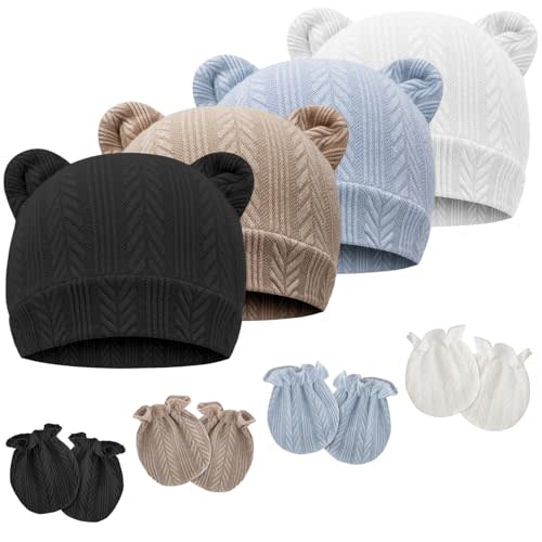Newborn Baby Hat and Mittens Set Bear Ears Toddler Infant Beanie Caps Newborn Hospital Hat for Baby Boy Girl 0-3 Months