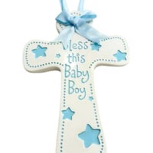 Bless This Baby Boy Cross Gibson Ceramic Bedroom Wall Decor Blue Nursery 4x6