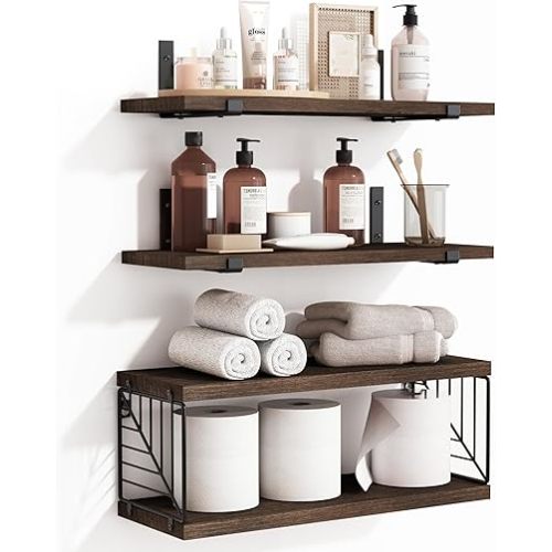 Fixwal 3+1 Tier Bathroom Floating Shelves Over Toilet, 15.8in Farmhouse Rustic Wood Shelves, Wall Decor for Bathroom, Living Room,Bedroom and Kitchen (Dark Brown)