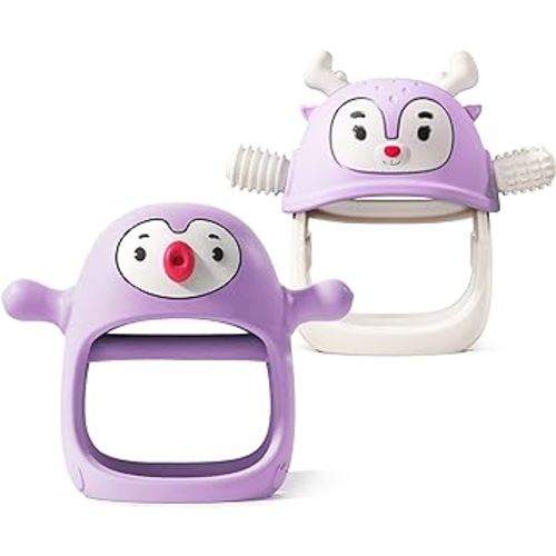 Smily Mia Baby Teething Toys for 0-6Months, Baby Teether for 6-12Months, Never Drop Penguin and Reindeer Baby Teething Mitten Set, Hand Pacifer+Hand Teether in One,BabyShower Gift Box, Light Purple