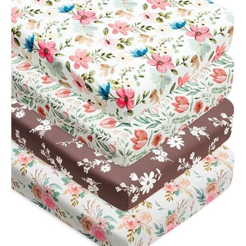 4 Pack Baby Girl Crib Sheets Set Soft Fitted Floral or Elephant Theme Baby Girl Mattress Covers Breathable Toddler Bed Sheets for Infant or Newborn Girls (Flower, Crib Sheets)