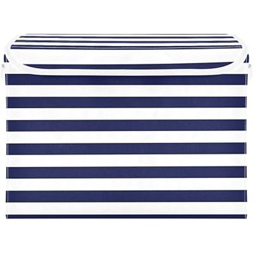 YETTASBIN Navy Blue Stripes Storage Basket with Lid and Handles, Large Collapsible Fabric Storage Bins Sturdy Storage Organizer for Shelves, Closet, Bedroom, School, Office, Home Decor