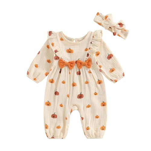 Halloween Baby Girl Outfit Infant Fall Clothes Long Sleeve Bubble Romper Pumpkin Bodysuit Jumpsuit with Headband