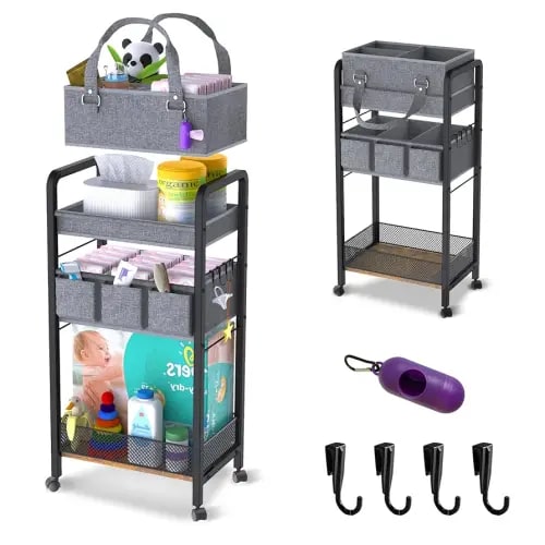 2IN1 Baby Diaper Caddy Organizer-3 Tier Rolling Storage Cart with Dividers - Bedside Diaper Caddy Cart for Baby Nursery Newborn Essentials-Mobile Utility Carts with Wheels for Changing Table