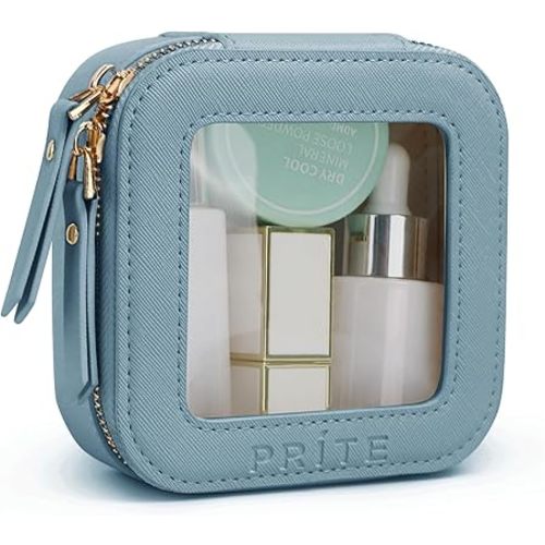 Prite Small Makeup Bag for Women Portable Clear Makeup Bag Cute Mini Waterproof Travel Cosmetic Bag with Gold Zipper for Car Essentials(Blue)
