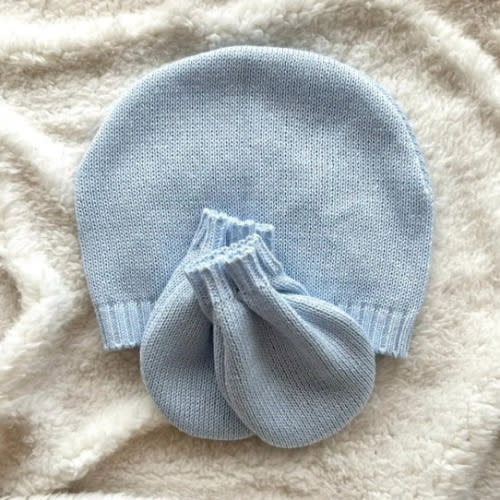 Handmade Take Home Hat and Mittens Set - light blue