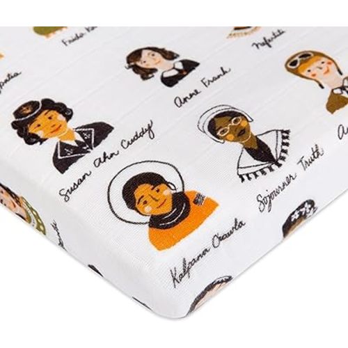 Babyletto 100% Organic Cotton All-Stages Midi Crib Sheet, GOTS-Certified, Fitted 360°, Ultra-Soft and Breathable Muslin - Women in History