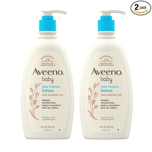 Aveeno Baby Daily Moisture Body Lotion for Sensitive Skin, Hypoallergenic Moisturizing Baby Lotion with Nourishing Oat to Deeply Moisturize Baby's Skin, Fragrance-Free, 18 fl. oz, 2 Pack