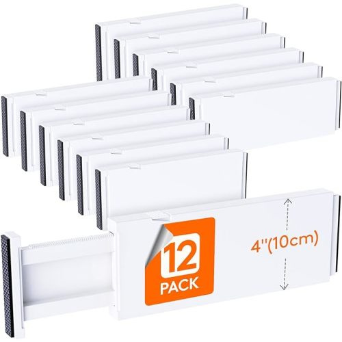 Lifewit 12 Pack Drawer Dividers Plastic 4" High, 11-17" Adjustable Drawer Organizers for Clothes, Expandable Dresser Separators in Bedroom/Bathroom/Kitchen/Office Organization and Storage - White