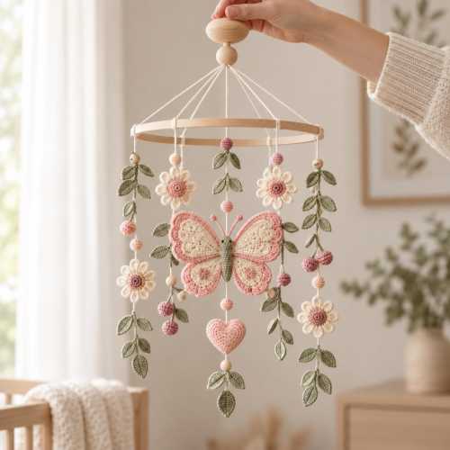Crochet Butterfly Baby Mobile, Floral Nursery Decor, Handmade Garden Crib Mobile, Pink Butterfly Nursery, Baby Shower Gift, Baby Decor