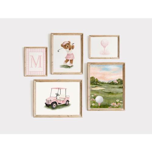 Preppy Pink Golf Set of 5 Prints, Pink Custom Letter Print, Golf Gallery Wall Art, Pink Golf Nursery Decor, Unframed or Digital