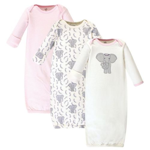 Touched By Nature Baby Girl Organic Cotton Long-sleeve Gowns 3pk, Girl Elephant, Preemie