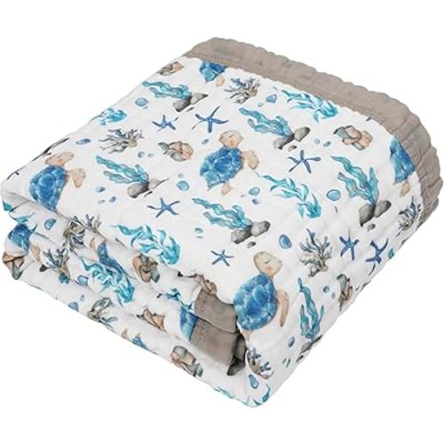 Organic Cotton Muslin Baby Blanket for Boys and Girls - Luxurious Soft Toddler Quilt for Swaddling - Gender Neutral Blankets Makes a Great Sea Turtle