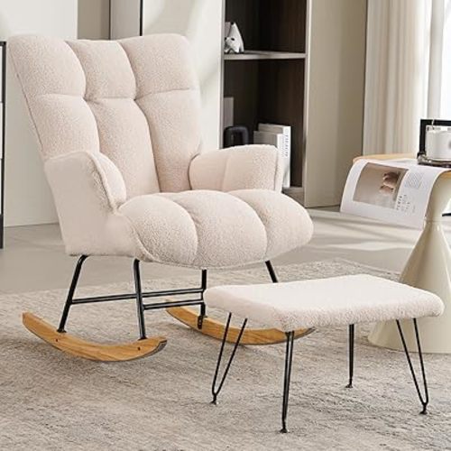 Nursery Rocking Chair With Ottoman, Upholstered Teddy Glider Rocker for Nursery, 2pcs/set Rocking Reading chair, White Glider Chair for Bedroom, Nursing, Living Room - Suit for lady below 5'7"