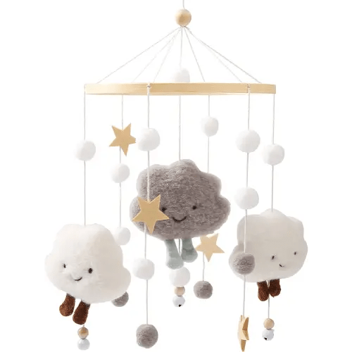 Baby Crib Mobile Wooden Wind Chime Bed Bell,Neutral Baby Crib Mobile,Baby Mobile for Crib,Handmade Baby Mobile,Clouds Baby Ceiling Mobile Baby Nursery Decoration (Grey)