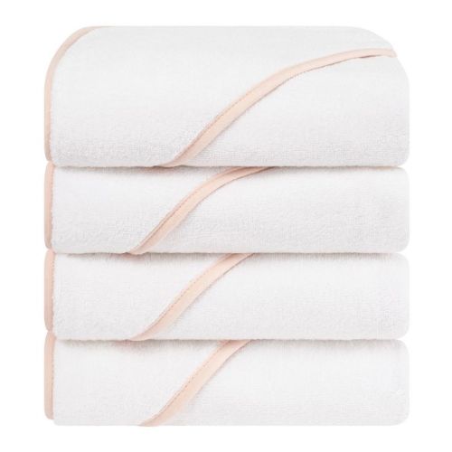 American Soft Linen 100% Cotton Soft Fluffy Hooded Baby Bath Towel Set 4 Piece - Pink