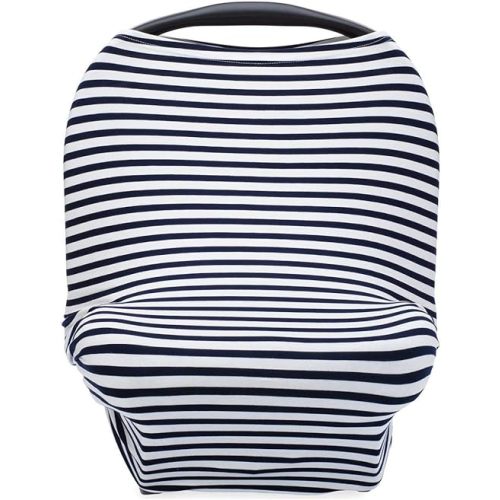 Parker Baby 4 in 1 Car Seat Cover for Boys - Stretchy Carseat Canopy, Nursing Cover, Grocery Cart Cover, High Chair Cover - Navy/White Stripes
