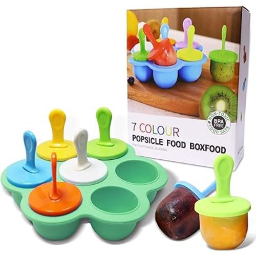 Silicone Popsicle Molds 7-cavity DIY Ice Pop Mold with Colorful Sticks For egg biting ice cream molds baby food storage containers non stick cake molds(Mint Green)