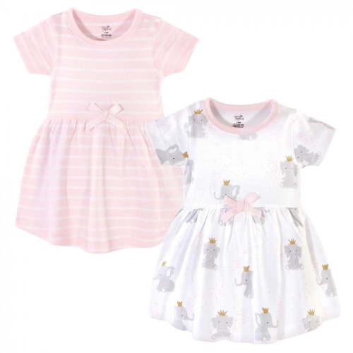 Hudson Baby Infant and Toddler Girl Cotton Short-Sleeve Dresses 2pk, Elephant Princess, 0-3 Months