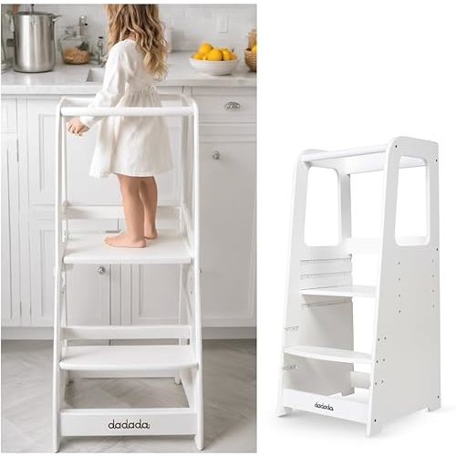 dadada Baby Montessori Toddler Tower - Adjustable Kitchen Step Stool for Kids with Safety Rail - Baby-Safe Finish, Encourages Cooking Skills and Independence - White