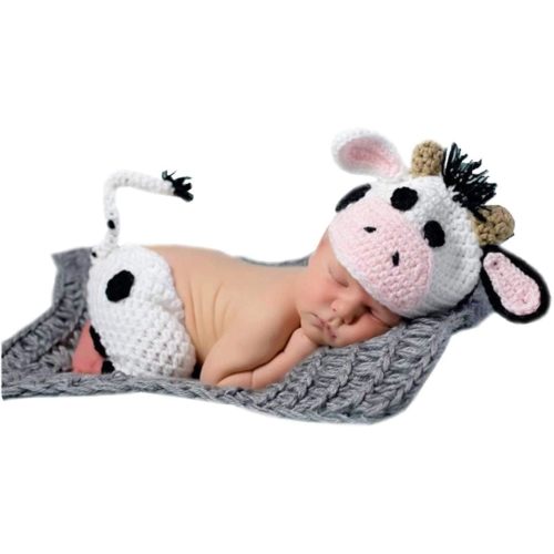 Newborn Photography Props Baby Photoshoot Props Outfits Crochet Knitted Costume Cute Cattle Cow Hat Pants Baby Photography Props
