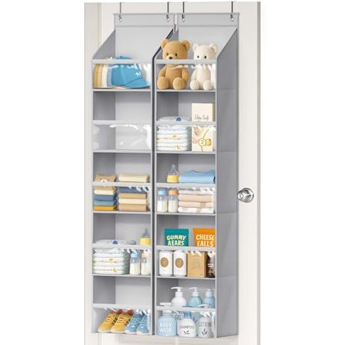 AOODA 2 Pack Over the Door Organizer, Large Capacity Closet Door Hanging Organizer, Clear Deep Pockets Baby Organizer Storage for Nursery, Bathroom, Bedroom, Pantry, Diapers (Grey)