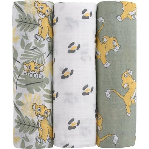 Disney Lion King Sage, Yellow, and White 3 Piece Muslin Swaddle Baby Blanket Set