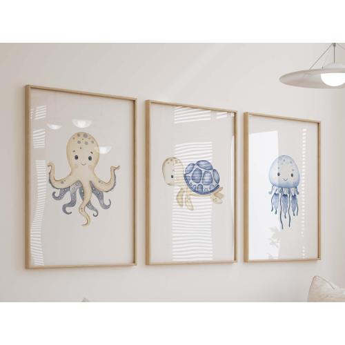 Under The Sea Watercolor Prints, Set of 3 Nursery Wall Art, Boy Room Decor, Sea Turtle Octopus, Set of 3 Art Prints Shipped, 221