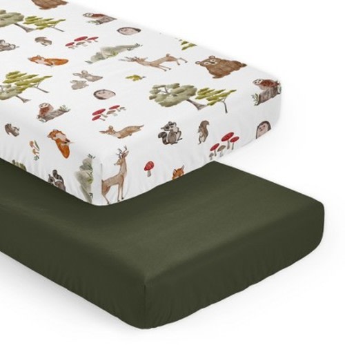 Sweet Jojo Designs Boy Girl Gender Neutral Unisex Fitted Crib Sheets Set Watercolor Woodland Forest Animals Green Brown White 2pc