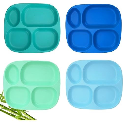 shopwithgreen Bamboo Divided Plates for Kids Adults - Dinnerware Set for Toddlers Kids Children Baby, Toddler Dinner Plates, BPA Free, Stackable, Dishwasher Safe, 9.4 inch, Set of 4