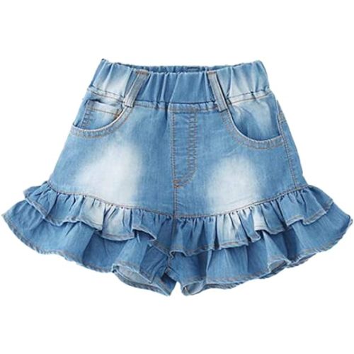 Girls Denim Shorts 2 Layers Ruffles Lace Kids Baby Workout Fashion Skirt Shorts Summer Beach Sports Short Pants