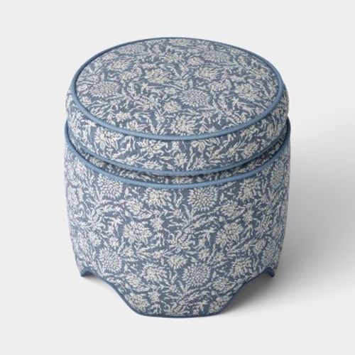 Upholstered Storage Ottoman with Piping Printed Blue Fabric - Threshold™
