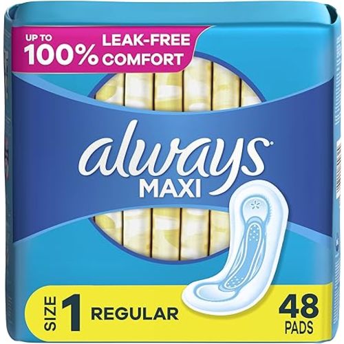 Always Maxi Feminine Pads For Women, Size 1 Regular Absorbency, Without Wings, Unscented, 48 Count - Size 1 (48 Count No Wings)