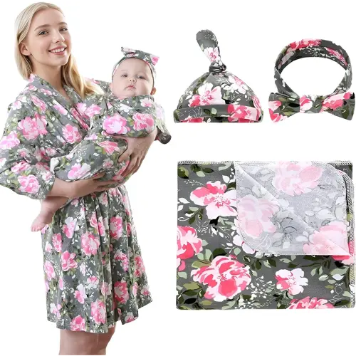 4 Pack Maternity Robe and Matching Baby Swaddle Blanket with Hat Headband Set, Stretchy Knitted Delivery Nursing Dress with Pockets and Receiving Blanket for Mummy and Baby (Grey Flower)