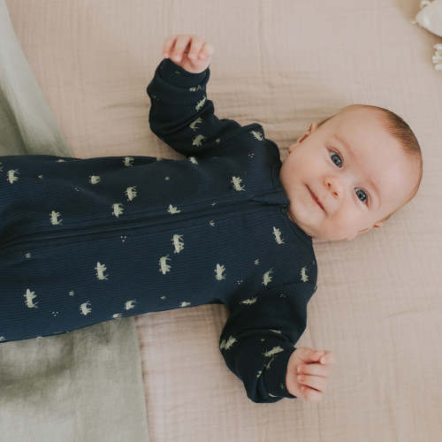 Grasshopper Print on Ribbed Blue Sleeper | 6 MONTHS