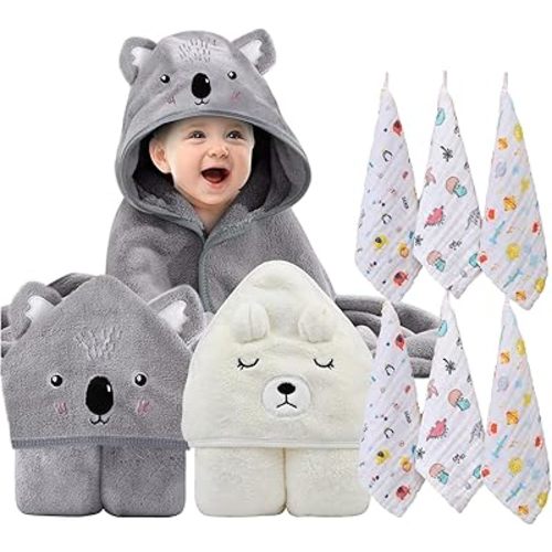 Baby Towel, Hooded Baby Towel, 8-Piece Bath Towel for Baby Boys Girls, Muslin Washcloths, Reusable Infant Wipes Set (White+Grey)