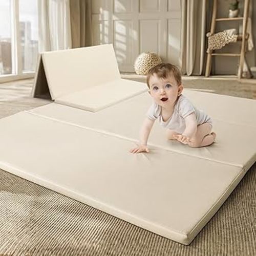 Foam Baby Play Mat: PU Leather Waterproof Kids Playmat - Trifold Floor Mat - Large Play Mat for Playpen Thick Pad Fodable Mattress Soft Toddler Mattress Infant Cushion for Preschool (Beige)
