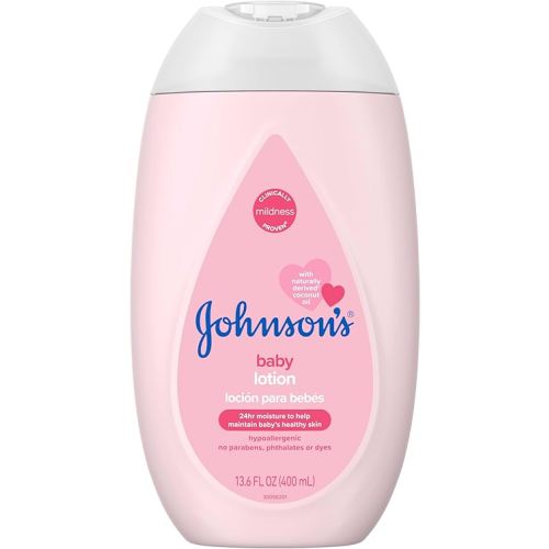 Johnson's Moisturizing Mild Pink Baby Lotion with Coconut Oil for Delicate Baby Skin, Dye-Free, Hypoallergenic & Dermatologist-Tested, Baby Skin Care, 13.6 fl. oz
