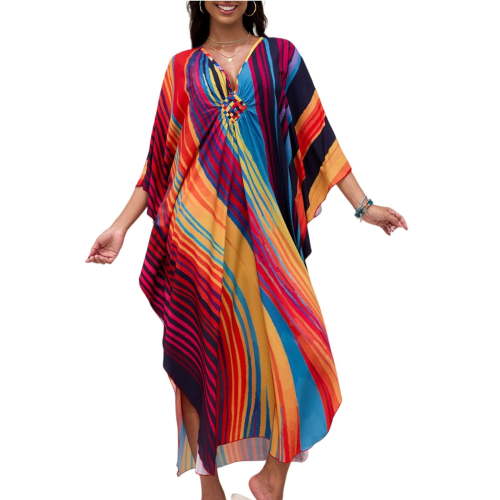 WULMLEO Kaftan Dresses for Women V Neck Batwing Sleeve Moomoo Nightgowns for Swimwear Plus Size Colorful Dresses Wine One Size