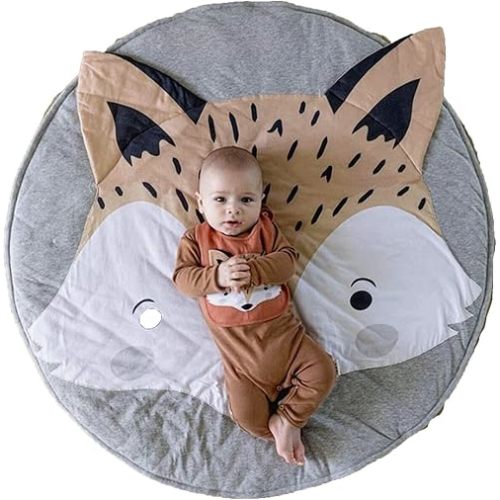 Abreeze Grey Kids Teepee Mat Children Play Mat Baby Crawling Mat Round Rug Fox Carpet Cotton for Baby Floor Kids Room Decoration Tummy Time Blanket 35.4 inches(Fox)
