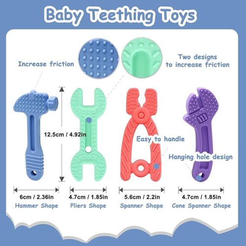 Yoolane Baby Teether 4 Pack Tools Set Silicone Newborn Stuff Essentials Shower Gift for Toddler Infant Boy and Girl, BPA Free Freezable & Dishwasher Safe - 1.Baby Teether | Tools Set