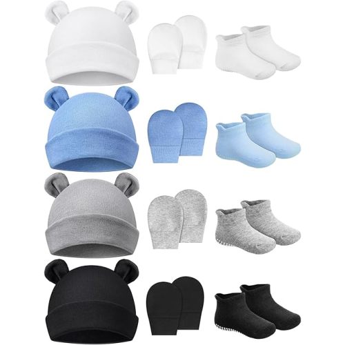 Geyoga Newborn Baby Hat Bear Ears Mittens and Socks Set for 0-6 Month