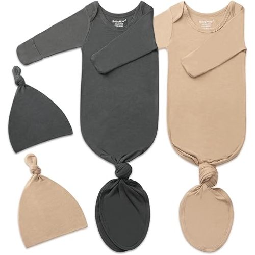 2Pack Knotted Gown Baby, Super Soft Long Sleeve Newborn Hospital Outfit Boy Girl Coming Home, Built-In Mittens Clothes
