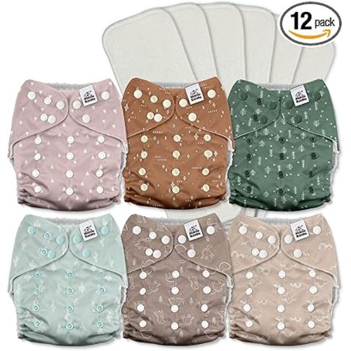 Mama Koala 3.0 Pocket Cloth Diapers for Babies with AWJ Lining, 6 Pack with 6 5-Layer Natural Cloth Diaper Inserts - Reusable and Washable Pocket Diapers(A-My Warm Heart)