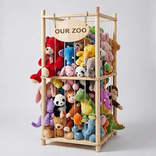 Stuffed Animal Storage Organizer - Thick Wooden Toy Zoo for Playroom & Bedroom (Medium)
