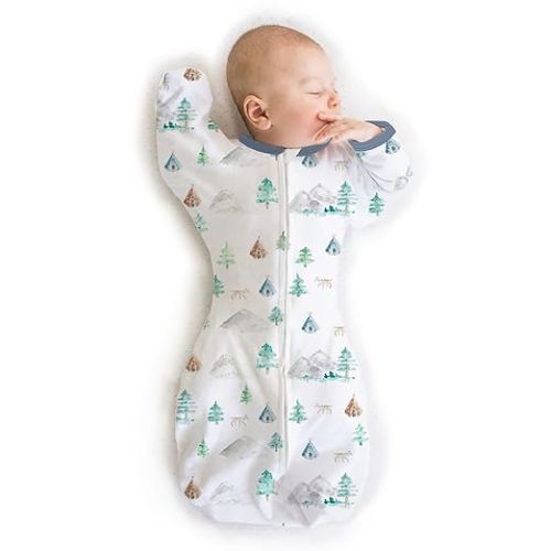 SwaddleDesigns Transitional Swaddle Sack with Arms Up Half-Length Sleeves and Mitten Cuffs, Small, 0-3 months, 6-14 lbs, Watercolor Mountains & Trees (Arms Up Swaddle, Transition Swaddle Sleep Sack) - Small (6-14 Pound)