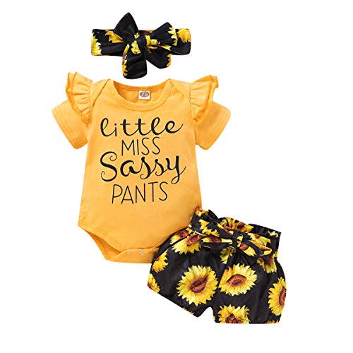 Baby Girls 3PCS Infant Toddler Clothes Romper Bodysuit Floral Halen Short Tops Pants Clothing Sets Headband Outfits