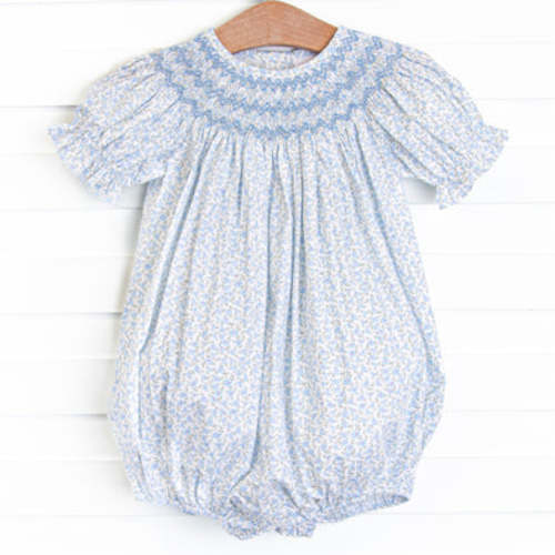 Blue Blooms Puff Sleeve Smocked Bubble, White – Stitchy Fish