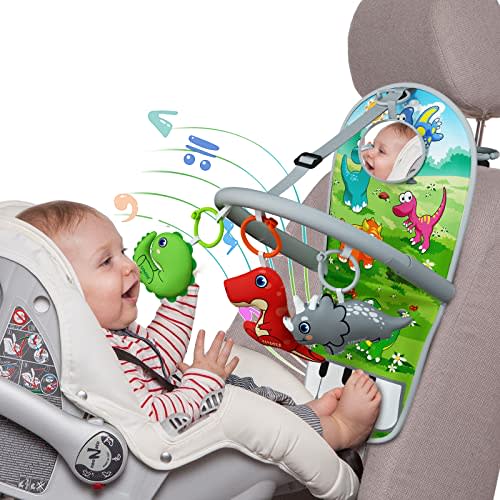 UNIH Car Seat Toys for Baby Infant 6 Months and Up, Pedal Piano Adjustable Carseat Toys with Music, Baby Mirror and Hanging Squeaky Sensory Soft Baby Toys 6 to 12 Months Festival Prezzie for Kids