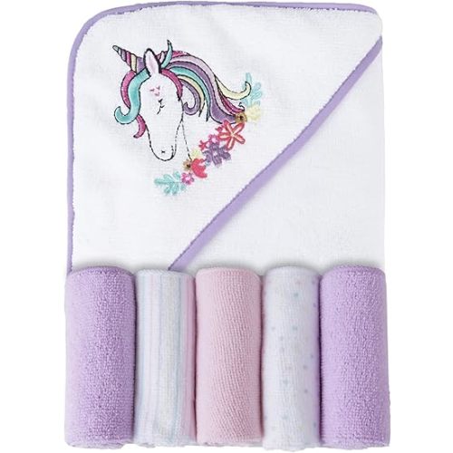 Viviland Baby Towels and Washcloths, Soft Absorbent Purple Baby Bath Towel Set, Unicorn Hooded Towels with 5 Infant Face Washcloths (6 Pieces)
